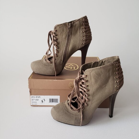 ASH Size 37.5 (US 7) Khaki Side Zipper Lace Up Ankle Boot Heels With Box - Picture 8 of 13